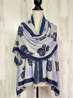 Talbots Floral Jacquard Scarf Shawl Blue Grey Cotton Blend